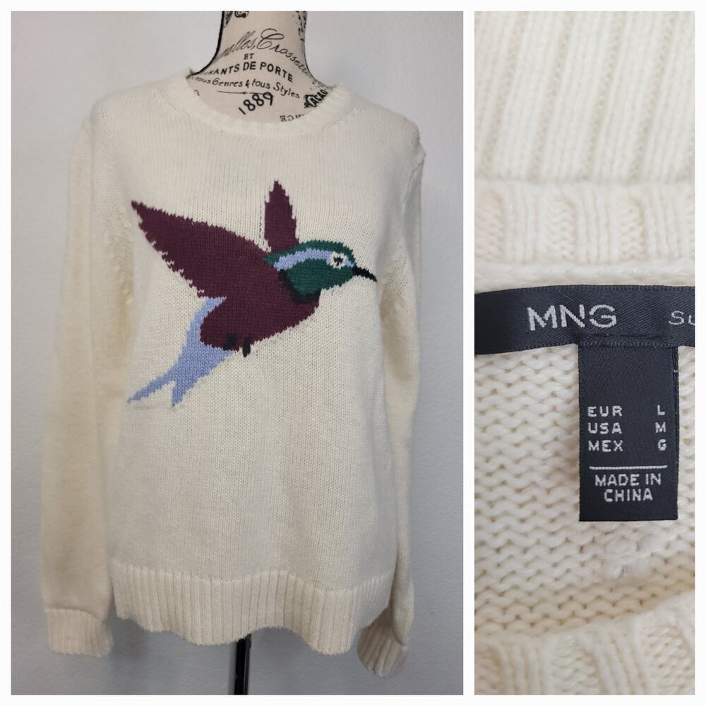 MNG Mango Hummingbird Sweater Womens SZ Medium Crew Neck Ecru cottagecore